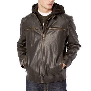 GUESS Men’s Faux Leather Hooded Jacket-Dark Brown